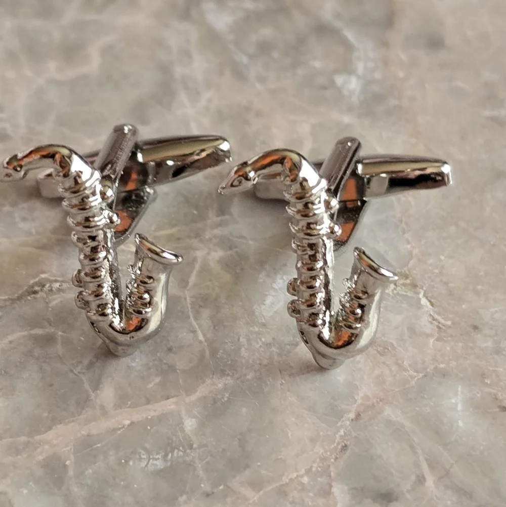 Vintage saxophone cufflinks sax music saxophonist silver tone 1990
